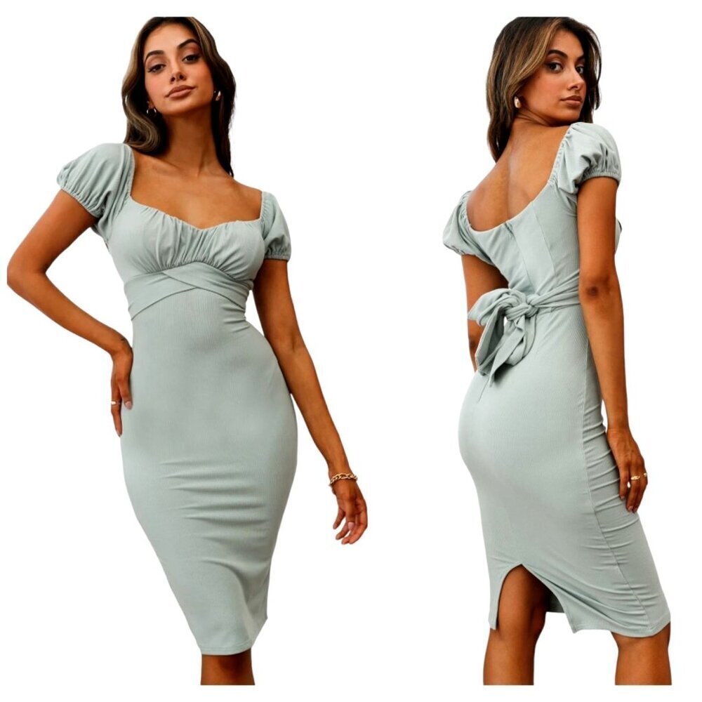 Angel Biba Dress Women Medium Green Knit Sweetheart Neck Tie Waist Sheath Midi